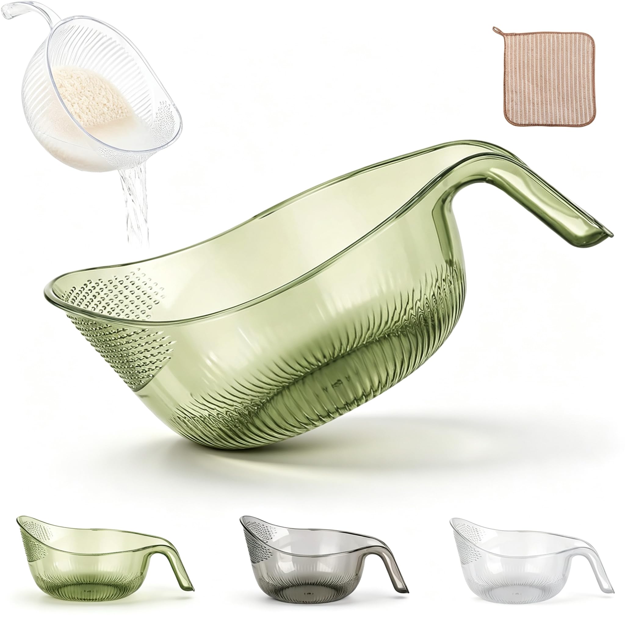 Aesthetic Multifunctional Rice Strainer with Handle, Multipurpose Rice Washing Bowl Strainer with fine Holes, 2-in-1 Rice's Strainers for Grains, Vegetables, Fruits，Green
