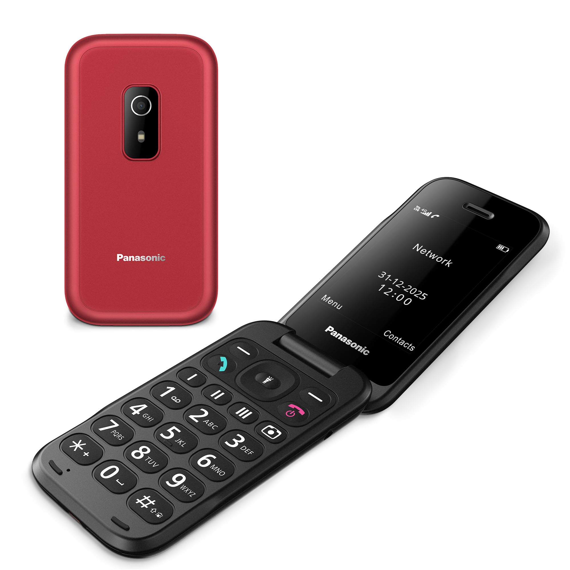 Panasonic KX-TF600EXR 4G Easy-to-Use Clamshell Mobile Phone, VoLTE, up to 290 Hours Reliable power with Standby mode, USB-C, 2.8-inch Display, Bluetooth, LED Flashlight, Camera, IP44 Waterproof, Red