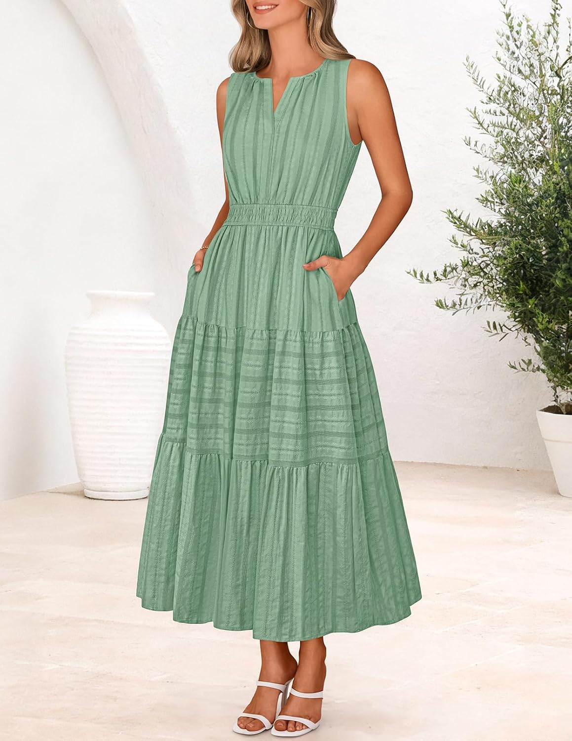 MEROKEETY Spring Summer Midi Dresses for Women 2026 Casual Beach Vacation Sleeveless Boho V Neck Cotton Maxi Dress Pockets - Image 10