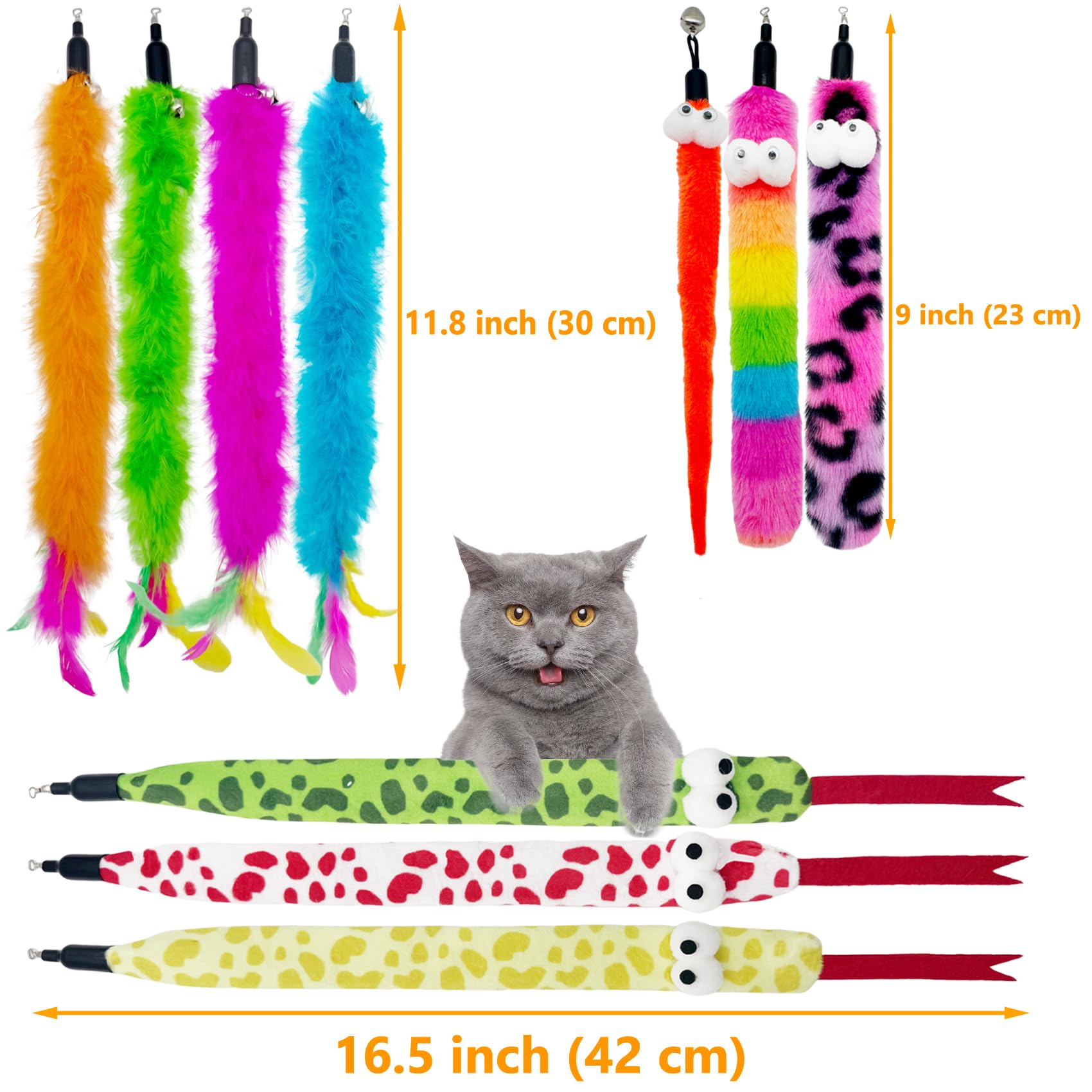 Varita de gato de repuesto de gusano de plumas, 10 piezas de accesorios de varita de gato, serpientes surtidas, gusanos, plumas, juguete de repuesto para gatos de interior (B)