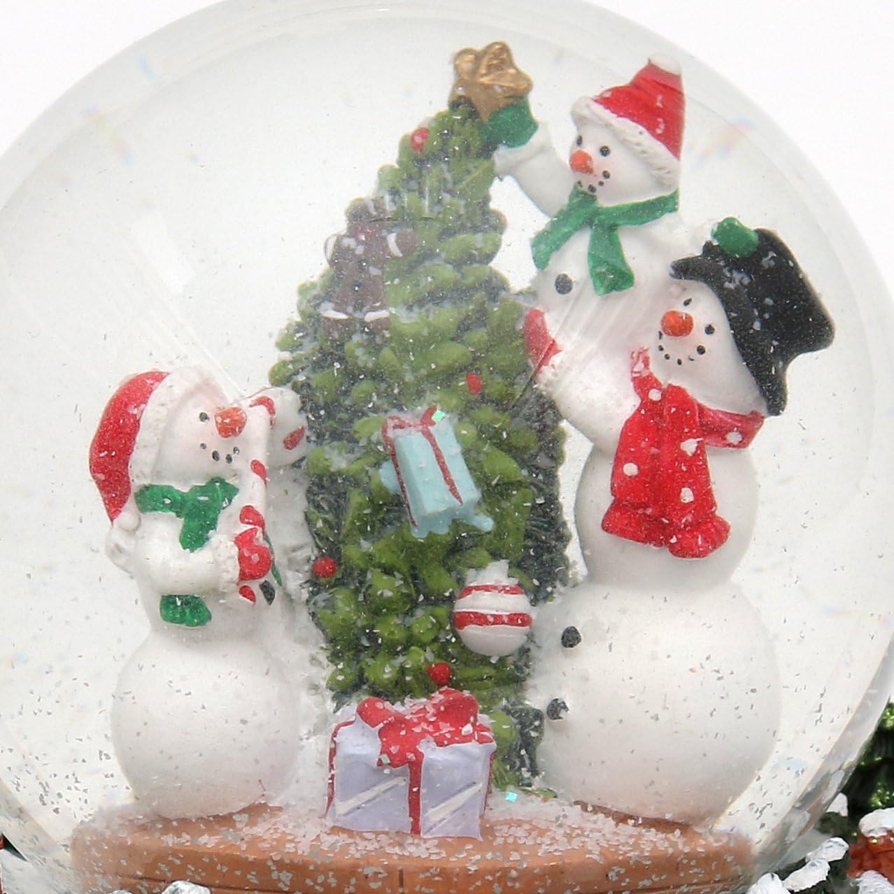 Dekohelden24 Snow globe, Christmas tree with snowmen, with snow swirl, sound and light, dimensions (H x W x D): approx. 15 x 14 cm/diameter 10 cm, 13 x 11.5 cm