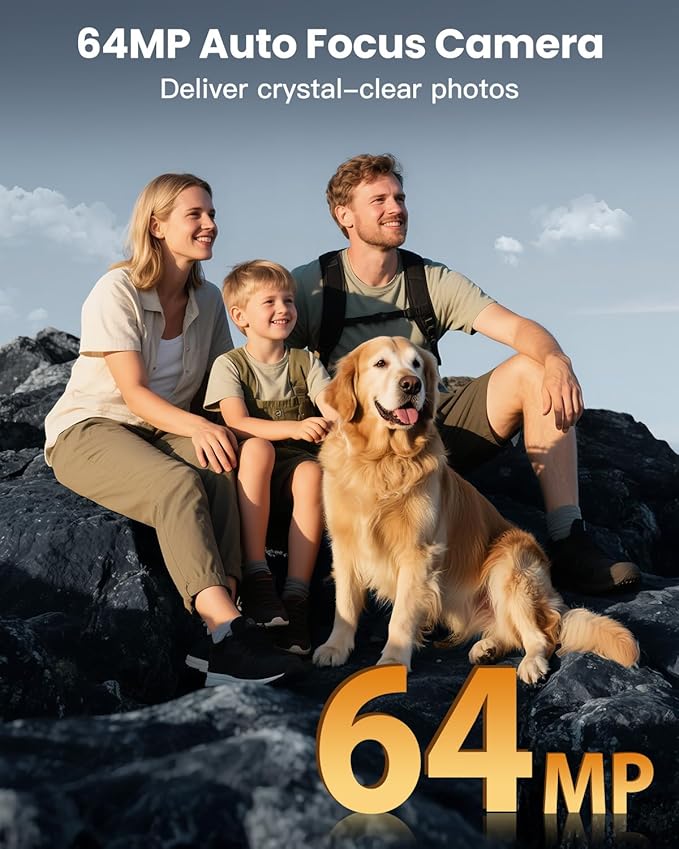 4K Digital Camera for Photography, WiFi 64MP 180° Flip Screen 3" Autofocus Vlogging Camera for YouTube, 16X Zoom Compact Point and Shoot Cameras for Beginner with 32GB Card, 2 Batteries