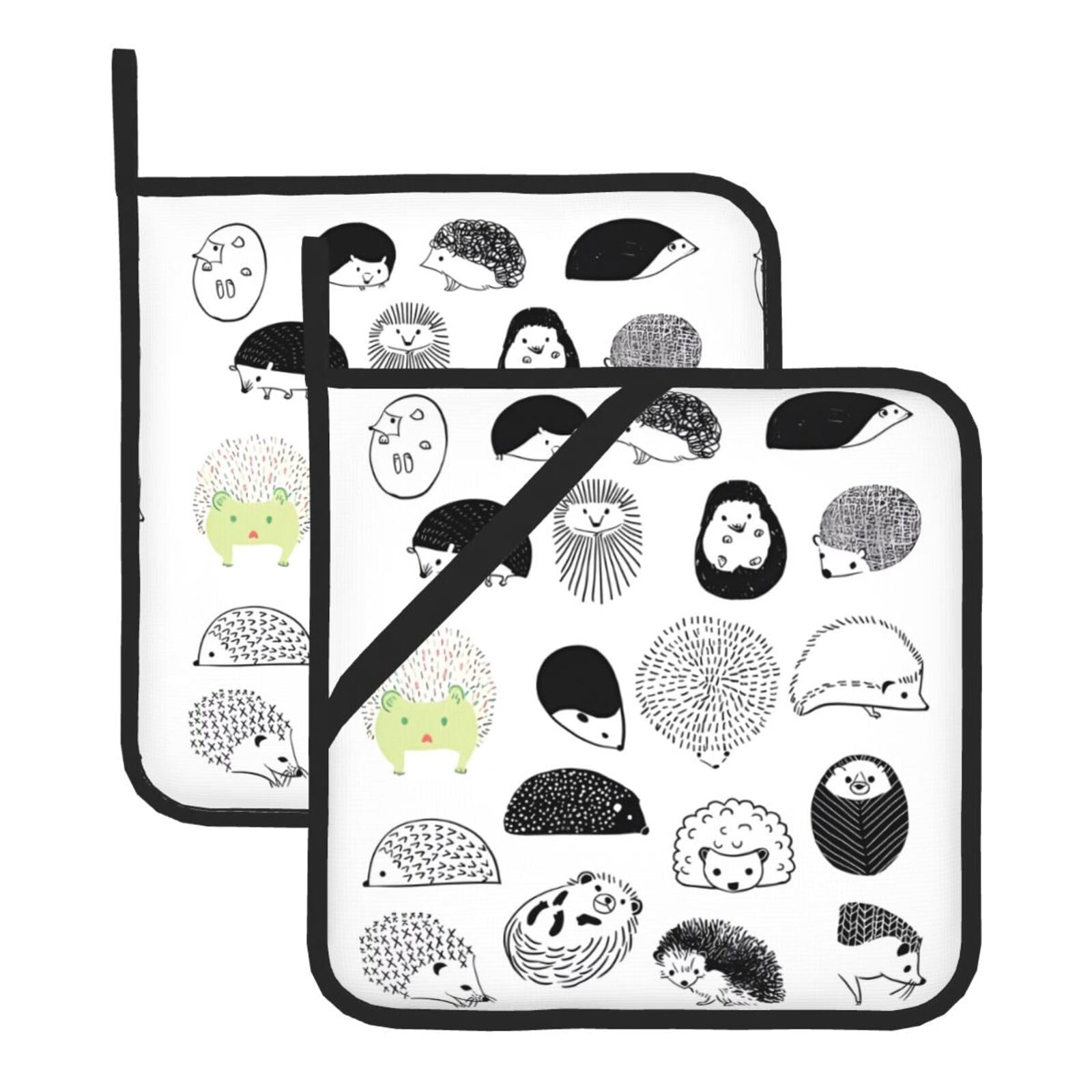 WHJSHOP Hedgehog Prints Square Pot Holders - Waterproof Heat Resistant Kitchen Throw Pads for Hot Bowls & Dishes, Durable Oven Mitt Layers with Hanging Loop - Set of 2