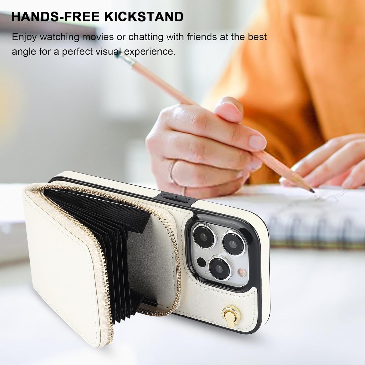 KIHUWEY Crossbody Wallet Case for iPhone 15 Pro, Zipper Pocket Case with Card Holder, PU Leather RFID Blocking Protective Cover Case with Kickstand Detachable Wrist Strap Lanyard 6.1" (White)
