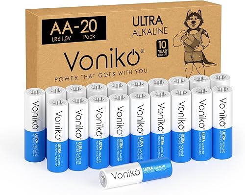 Voniko AA Batteries - Paquete de 20 pilas alcalinas doble A, baterías de 1.5 V de larga duración, a prueba de fugas, 10 años de vida útil
