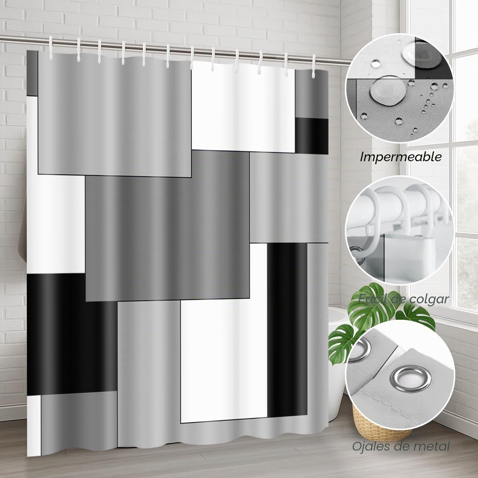 Juego de Cortina de Ducha geométrica Gris con Tapa de Inodoro y alfombras Antideslizantes para baño, Cortina de Ducha a Cuadros Negros y Blancos, Juego de baño Moderno Abstracto con 12 Ganchos