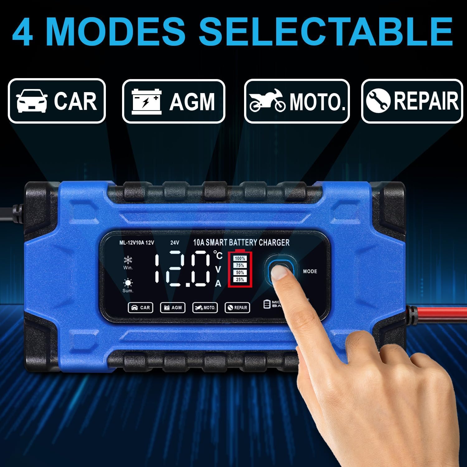 Mighty Max Battery Charger display showing 4 selectable modes