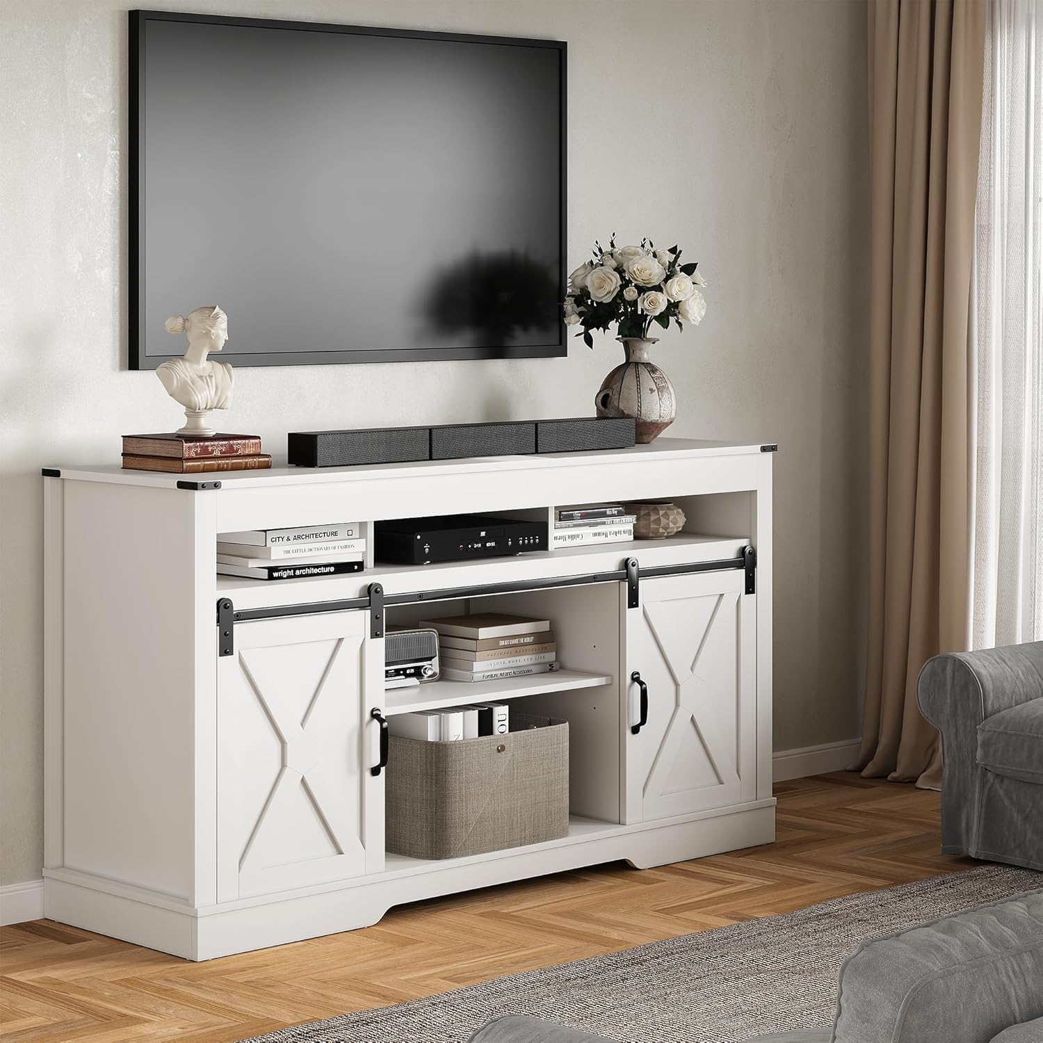 RoyalCraft TV Stand for 65+ Inch TV: Farmhouse Entertainment Center with Storage, Wood TV Console Cabinets with Sliding Barn Door, Tall Media with Adjustable Shelves for Living Rooms, Coastal Fog