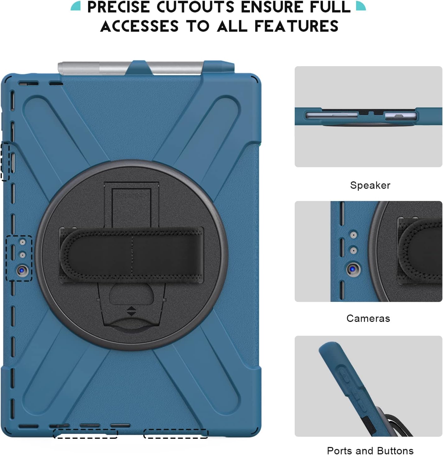 ProCase Surface Pro 7 Plus/Pro 7 / Pro 6 / Pro 5 / Pro 4 / Pro LTE Case, Full Body Protective Case, 360 Degree Rotatable Heavy-Duty Cover with Hand Strap, Shoulder Belt and Kickstand –Moroccoblue