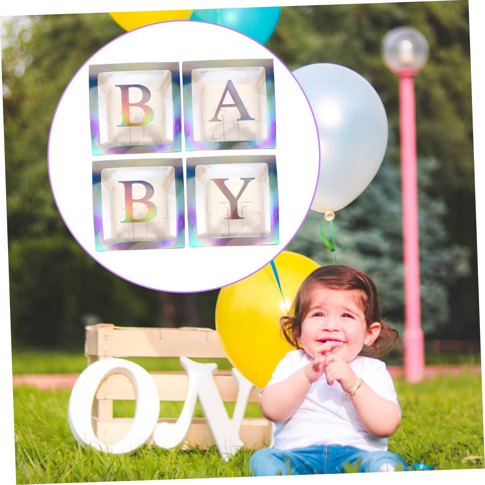 Babyparty Kasten aus Papier mit 4 Teilen und Silbernen Buchstaben | Transparentes Satz, für Kindergeburtstag und Shower, Quadratische Form, als Partydeko