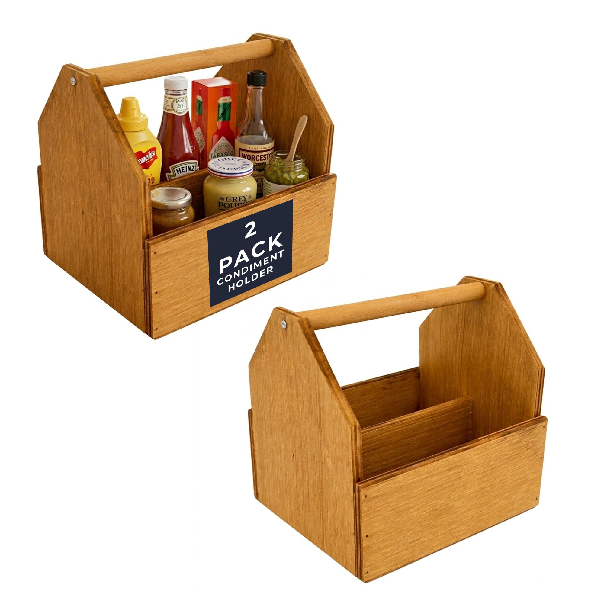 Chabrias Ltd Light Oak 2 Pack 20Cm Wooden Condiment Holder Caddy – Rustic Table & Countertop Organiser For Sauces, Napkins, Cutlery, Sugar & Spices – Kitchen, Café, Bar & Restaurant Table Storage –