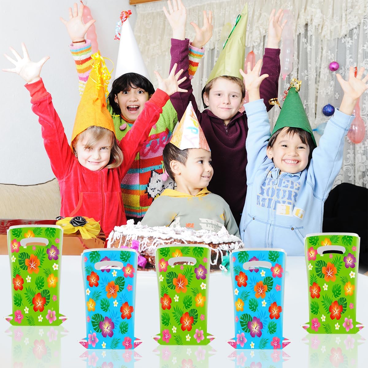 OUSHIZF 50Pcs Hawaiian Party Gift Bags,Tropical Hibiscus Flower Party Favor Bags,Summer Luau Party Decorations Supplies - Image 4