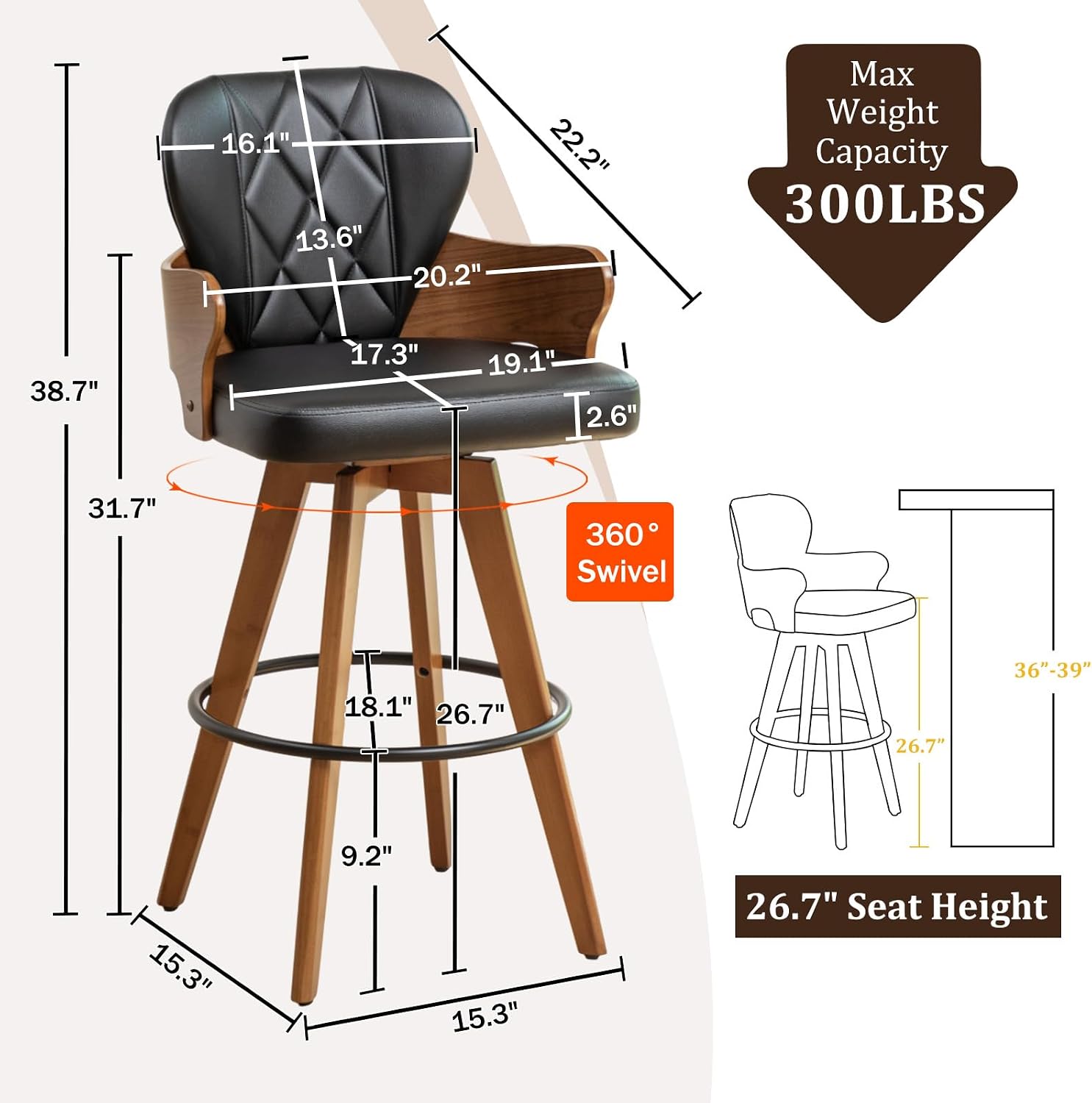 26.7” Swivel Bar Stools Set of 2,Black Faux Leather Counter Height Stools with Armrest and Fishtail-Shaped Back,Mid Century Modern Barstools,Walnut Bar Chair for Kitchen Island or Home Bar