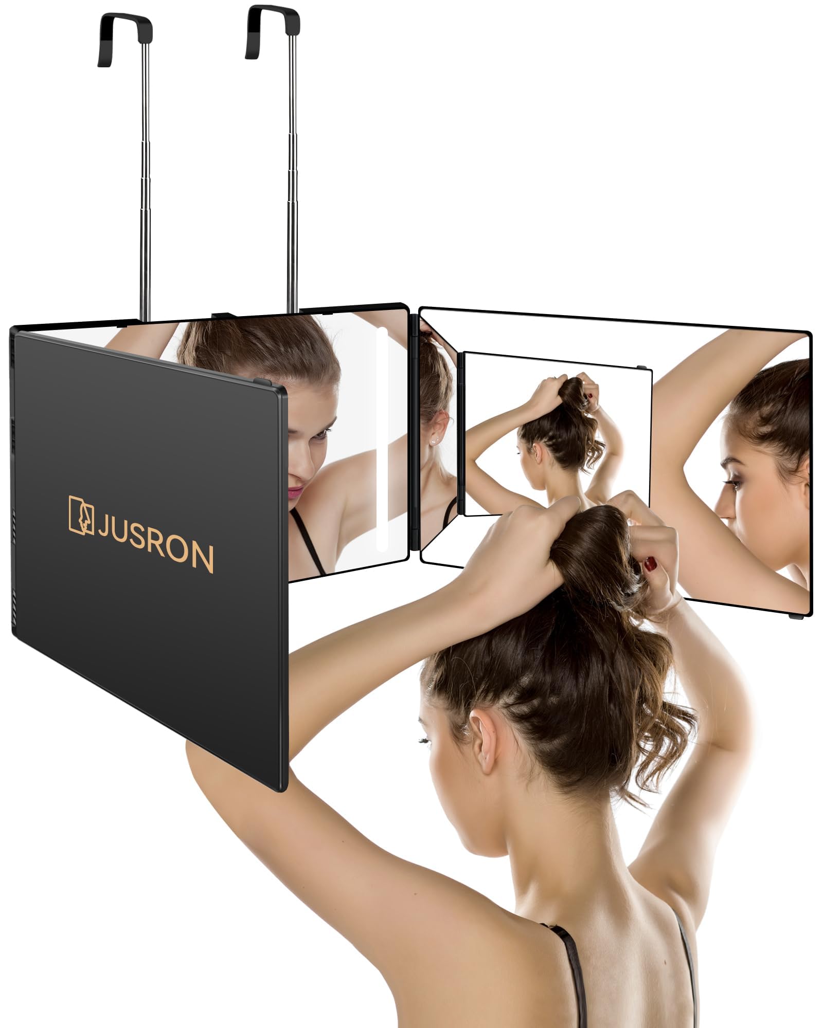 JUSRON Espejo Plegable de 360 Grados, Espejo de 3 Piezas, Corte automático, Altura Ajustable con Gancho Espejo cosmético con Efecto-Negro Mate