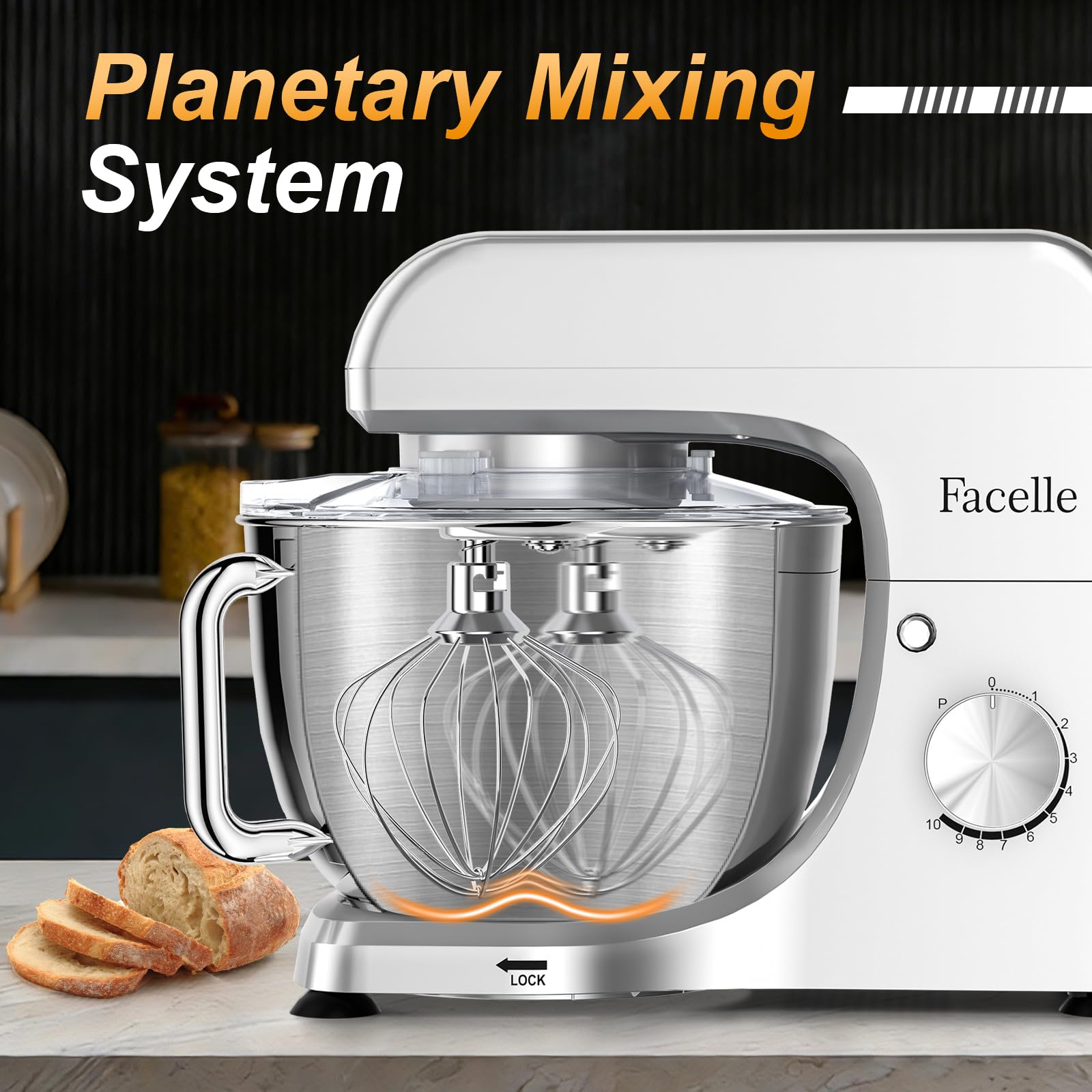 Facelle Robot Pâtissier 1500W, Bol en Inox 5.5L, 10 Vitesses + Pulse, Mouvement Planétaire, Robot Patissier avec Fouet, Crochet et Batteur – Accessoires Lavables au Lave-Vaisselle