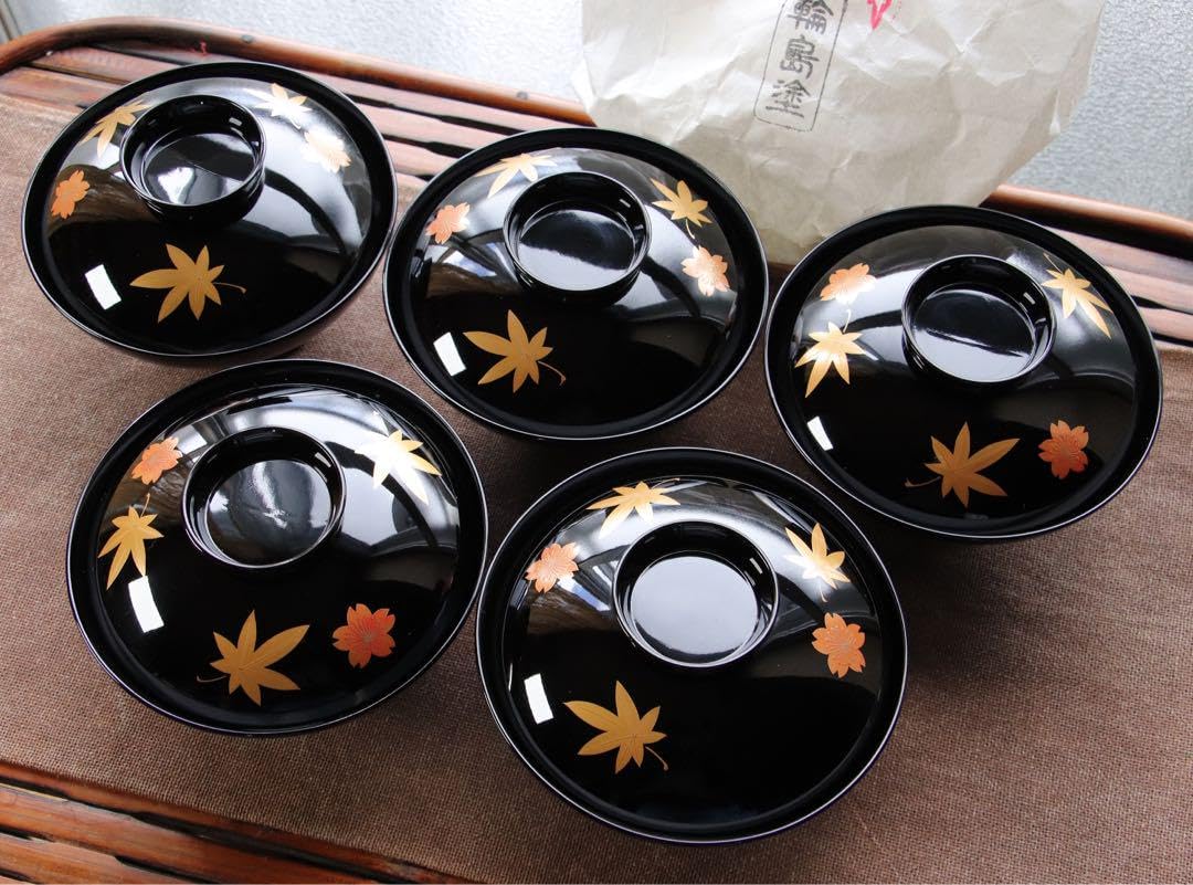Amazon.co.jp: 輪島塗 桜紅葉 蒔絵 黒塗 吸物椀 5客 天然木製 木箱付 