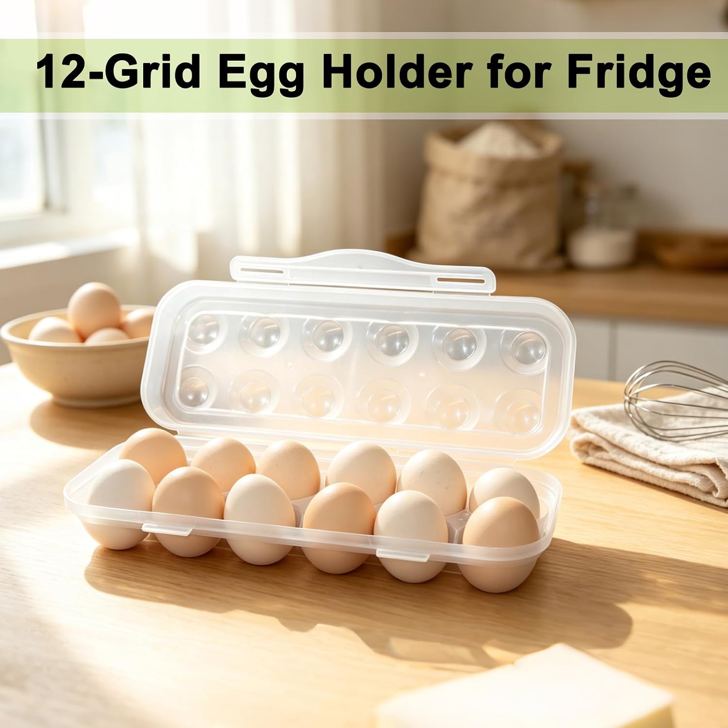 Egg Holder for Fridge, 12 Grid Portable Egg Container with Lids for Camping