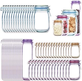Enkrio 60Pcs Mason Jar Zipper Bags Reusable Snack Bags Portable Food Storage Snack Zipper Bags for Kitchen Travel Camping Picnic Organizer (15S 15M 15L 15T)