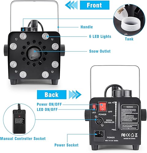 Vista 14 de Hakuta Máquina de nieve mejorada de 800 W con 8 luces LED RGB, proyección LED y 2 controles remotos inalámbricos, perfecta para Navidad, Halloween
