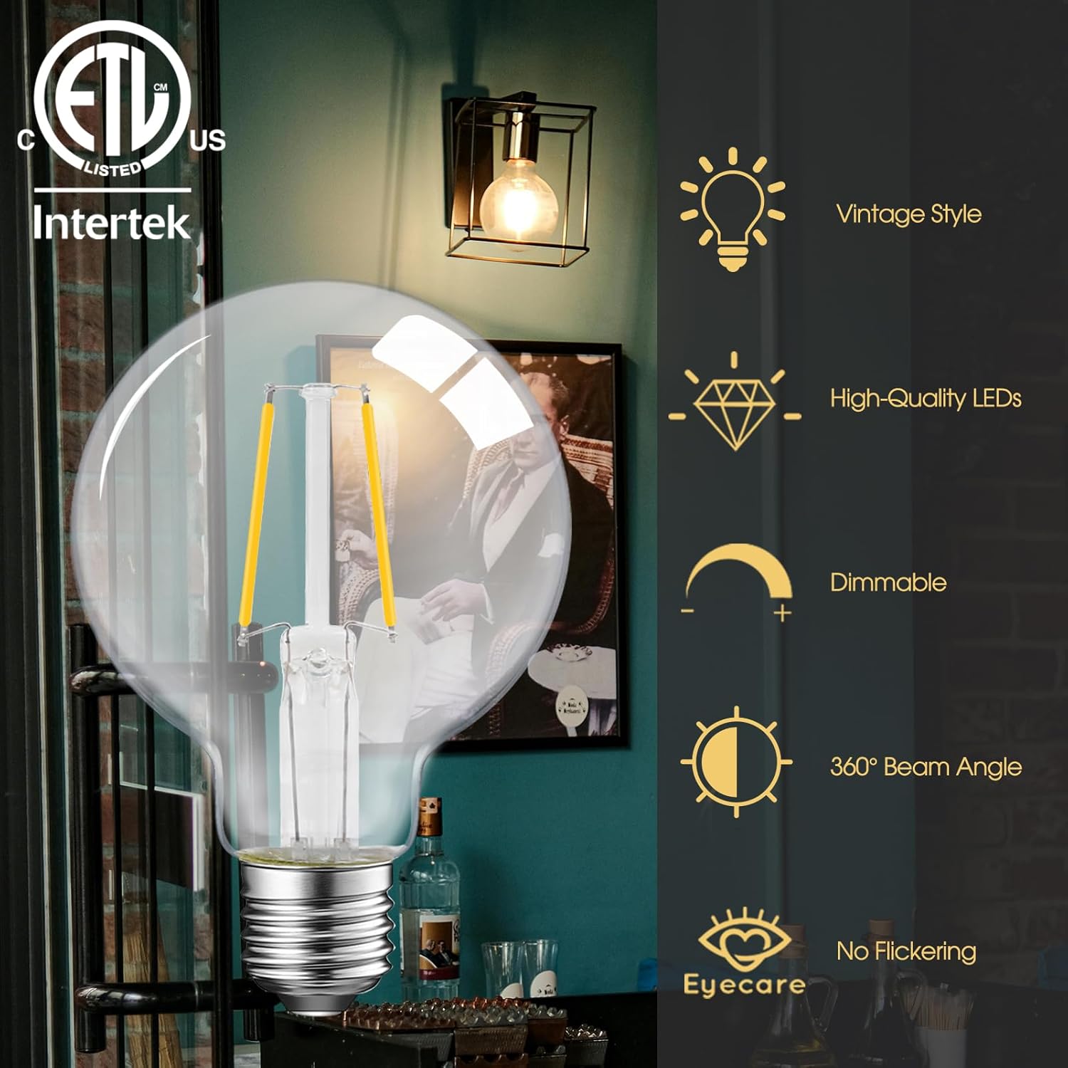 ENERGETIC SMARTER LIGHTING Dimmable LED Edison Light Bulb, G25 (G80) Globe Bulb, 60W Equivalent, 3000K Warm White, Christmas Light, E26 Standard Base, ETL Listed, 6-Pack