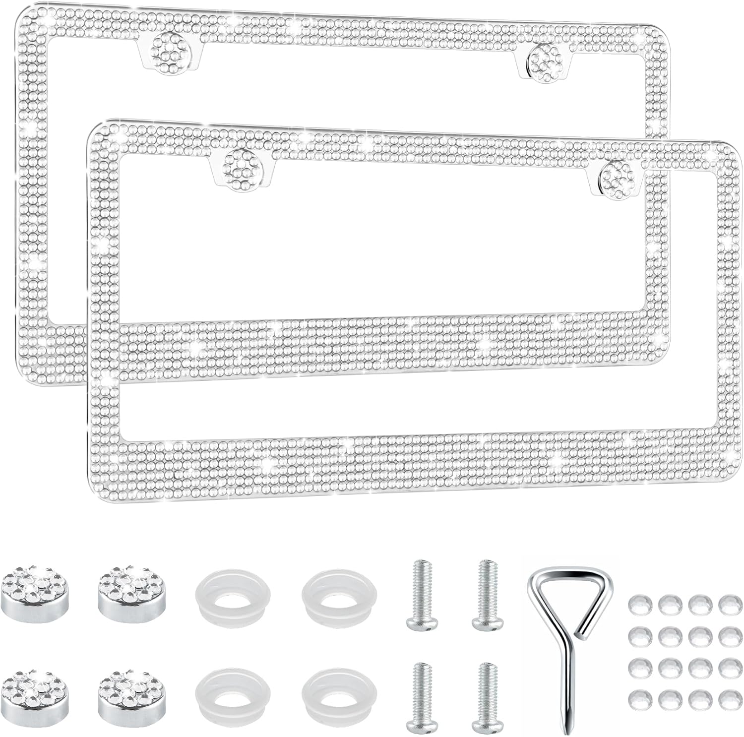 GaRhomxy Bling License Plate Frames for Women, 2 Pack Handcrafted Sparkly Rhinestone Car Accessories, Premium Stainless Steel Frame with 1000+ Faceted Glass Crystals & Free Glitter Caps (White)