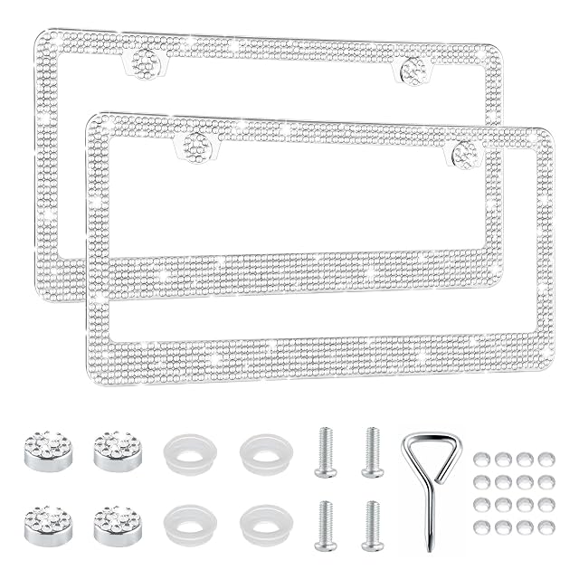 GaRhomxy Bling License Plate Frames for Women 2 Pack Handcrafted Sparkly Rhinestone Car Accessories Premium Stainless Steel Frame