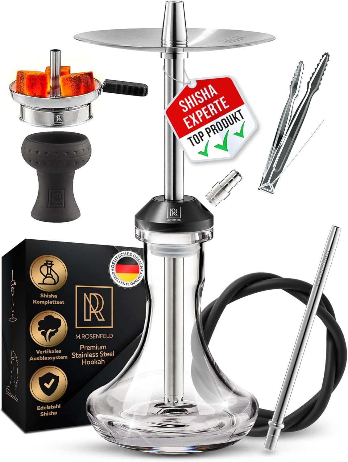 M ROSENFELD Durable and Portable Hookah Set with Everything. Excellent Travel Hookah Kit with Clay Bowl, Mouthpiece, Hose Pipe, Tongs - Complete Hookah Accessories