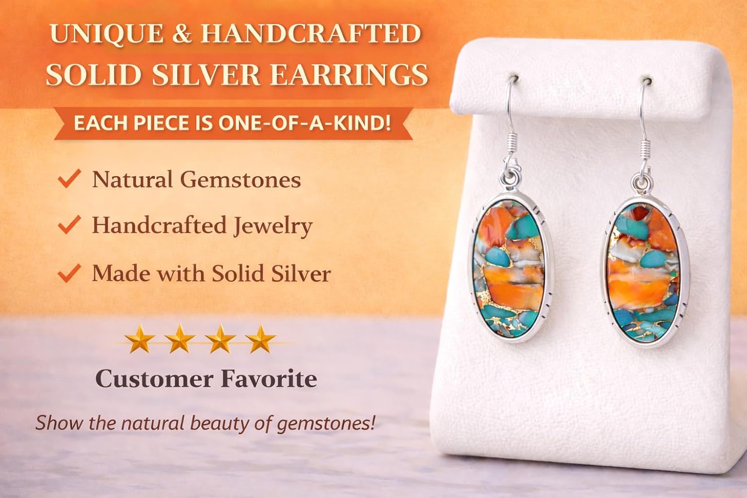 Orange Spiny Oyster Turquoise Gemstone Earrings – 925 Solid Sterling Silver Handmade Dangle Earrings Jewelry Gift for Women - Image 6