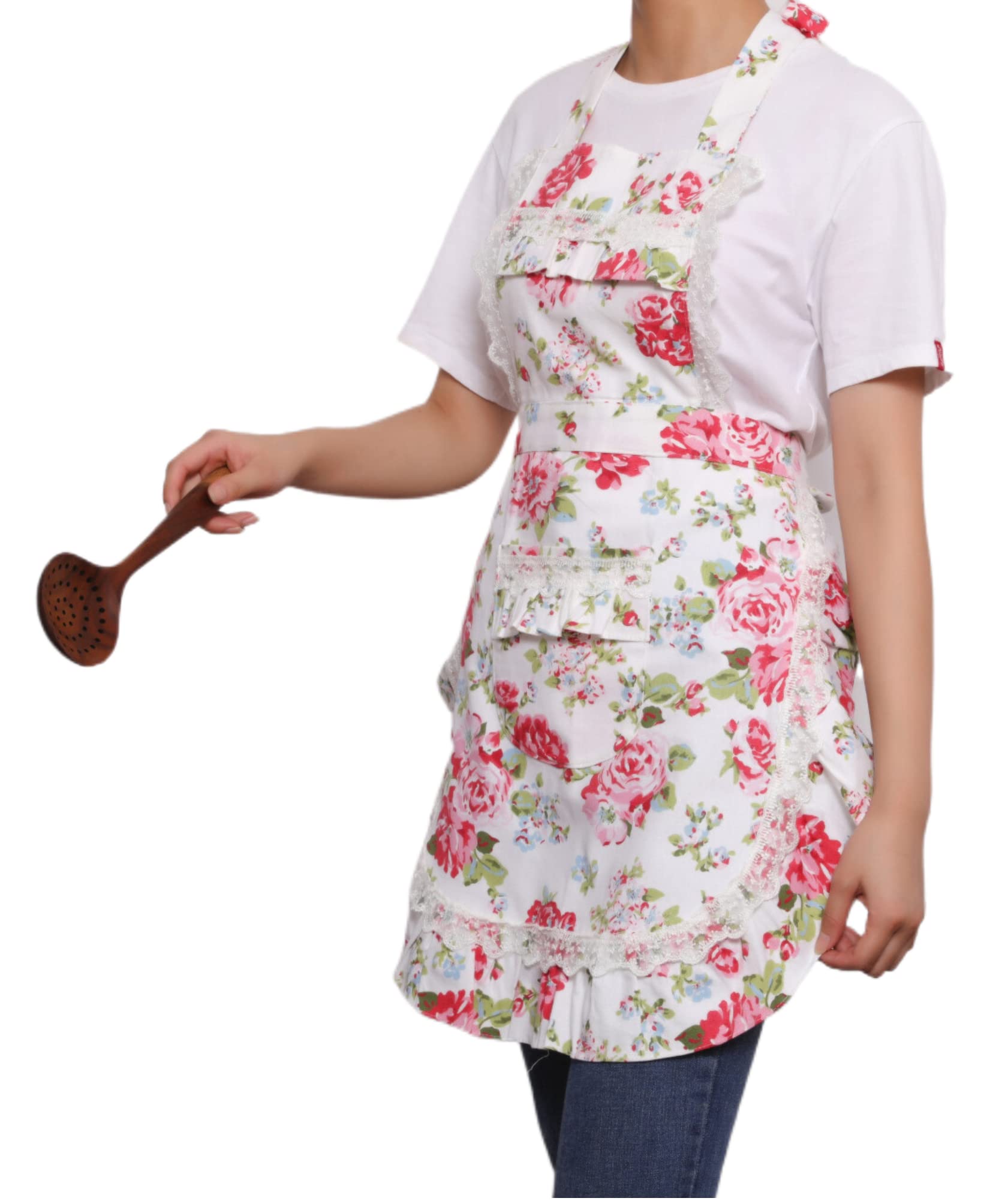 Xiabing Women's Cotton Floral Apron with Pockets, Adjustable Long Ties for Kitchen Cooking, Baking and Gardening, 28x22 inch