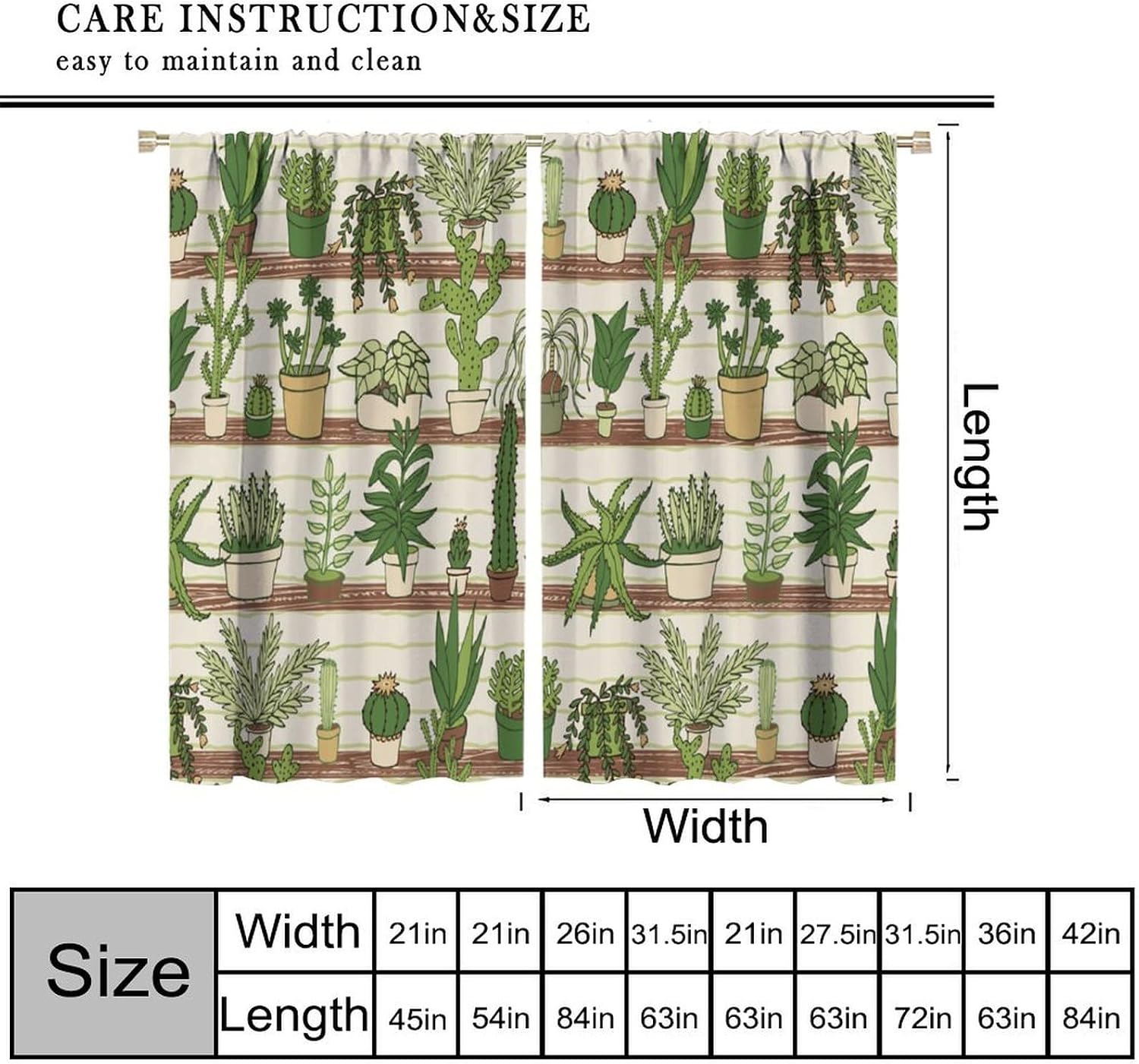 Potted Plant Curtains Green Leaves Potted Floral Cactus Flower Natural Art Print Window Drapes for Bedroom Living Room Kitchen Decor,2 Panel Set,42x54 Inch Blackout Style-1
