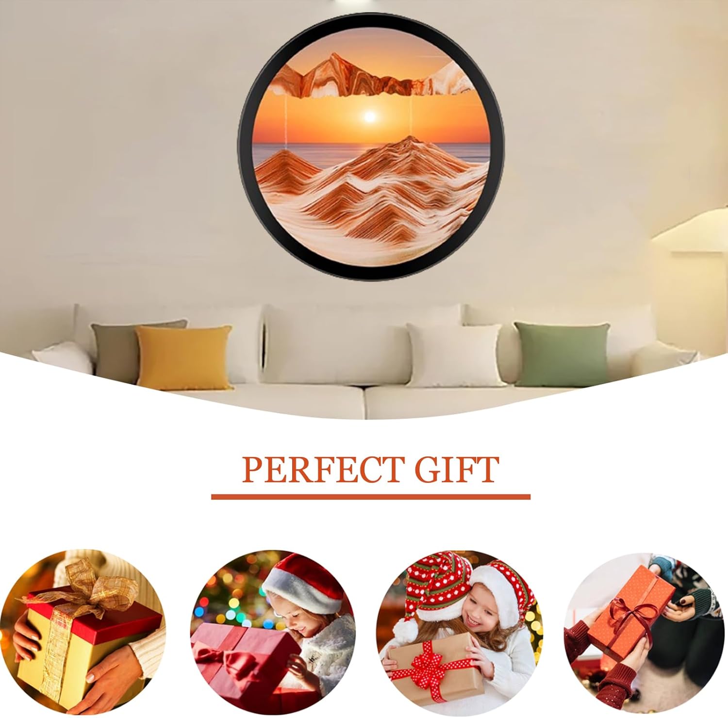 PROEATS Moving Sand Art, Wall Art Deep Sea Sandscape Room Decoration, 360°Rotate Sand Art Liquid Motion, Glass Crafts Solid Wood Frame, Relaxing Wall Decor for Home Office (Orange, 17.3in)