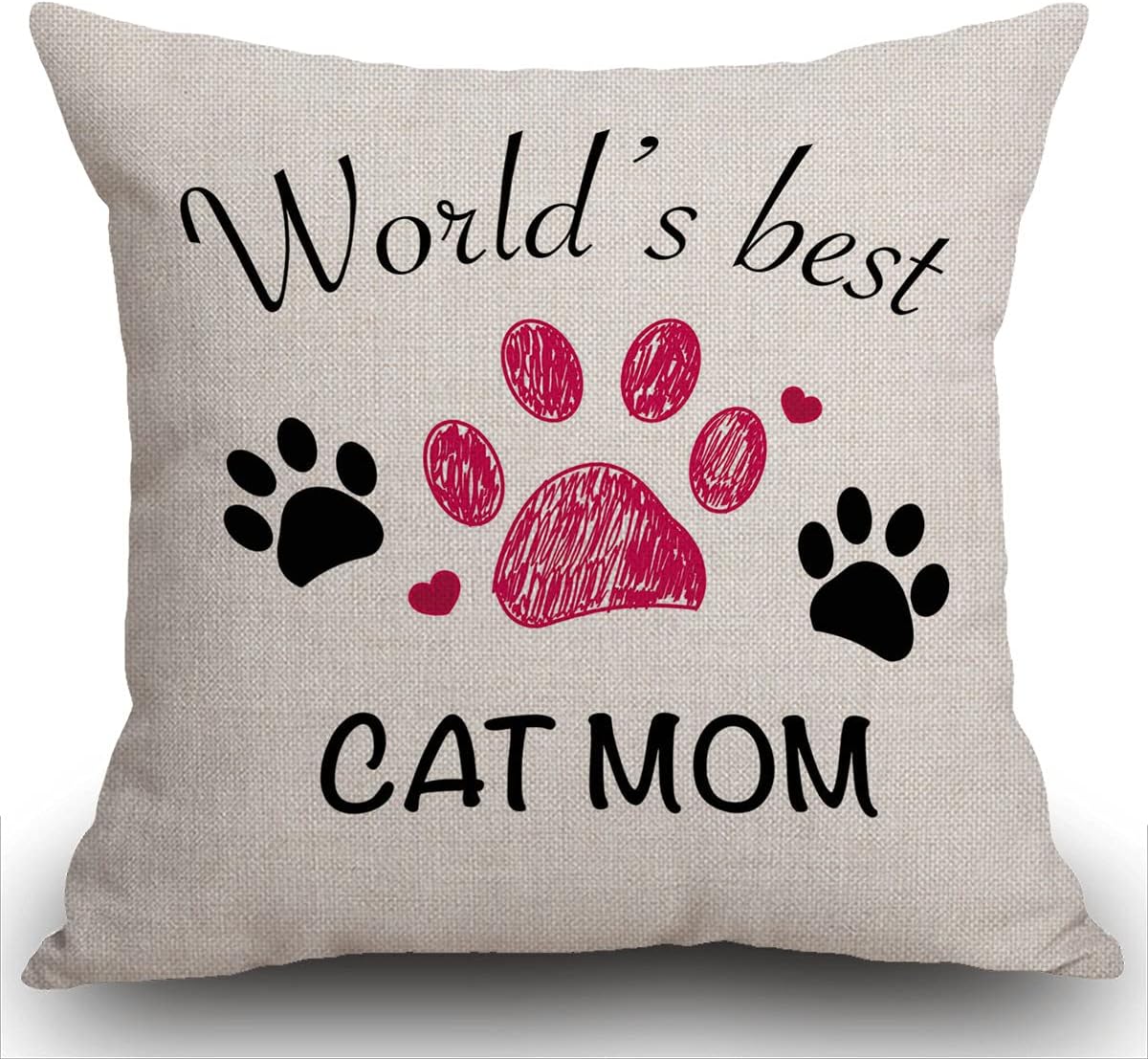SmoofflyWorld's Best Cat Mom Cotten Linen Cushion Cover Black Paw Print with Hearts Decorative Square Throw Pillow Case Pillowcase for Couch Livingroom Sofa Bed 45cm x 45cm,18x18 Inches