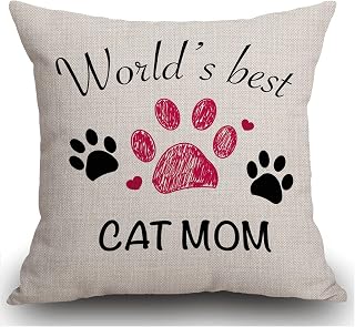 Smooffly World's Best Cat Mom Cotten Linen Cushion Cover Black Paw Print with Hearts Decorative Square Throw Pillow Case Pillowcase for Couch Livingroom Sofa Bed 45cm x 45cm,18x18 Inches