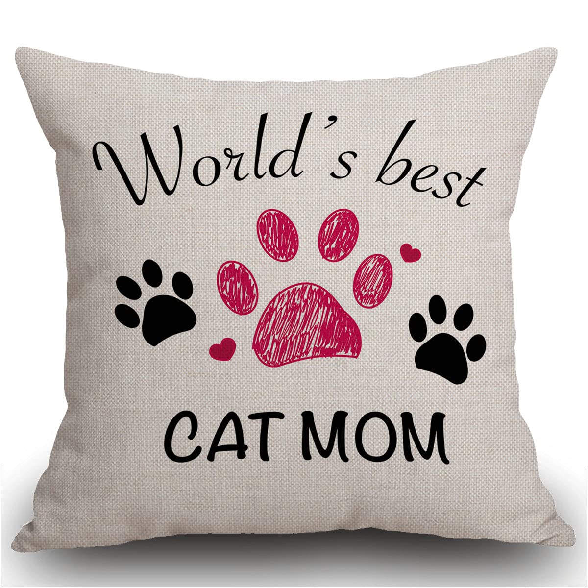 SmoofflyWorld's Best Cat Mom Cotten Linen Cushion Cover Black Paw Print with Hearts Decorative Square Throw Pillow Case Pillowcase for Couch Livingroom Sofa Bed 45cm x 45cm,18x18 Inches