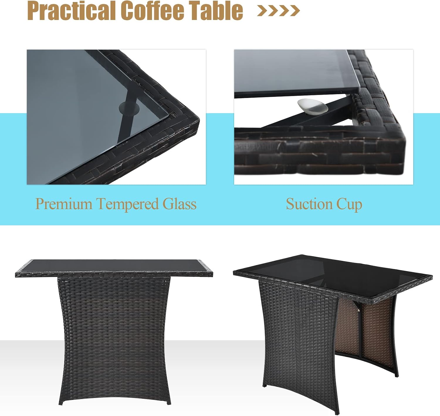 KOTEK 3 Piece Outdoor Dining Set, PE Rattan Dining Table & Chairs Set with Tempered Glass Top & Cushions, Wicker Conversation Set, Patio Bistro Set for Backyard Garden Porch (Turquoise)