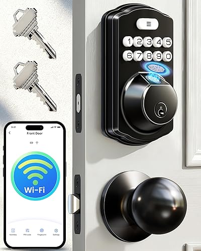 Veise VE012W-K - Cerradura inteligente de huellas dactilares WiFi integrada con 2 perillas, no necesita concentrador, control remoto con aplicación,