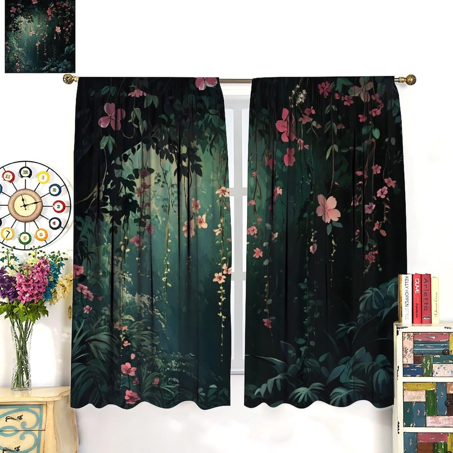 Floral Art Vines Blackout Curtains for Bedroom/Living Room, Nature Jungle Plant Curtains Rod Pocket Thermal Insulated Window Drapes, 21W x 45L, 2 Panels
