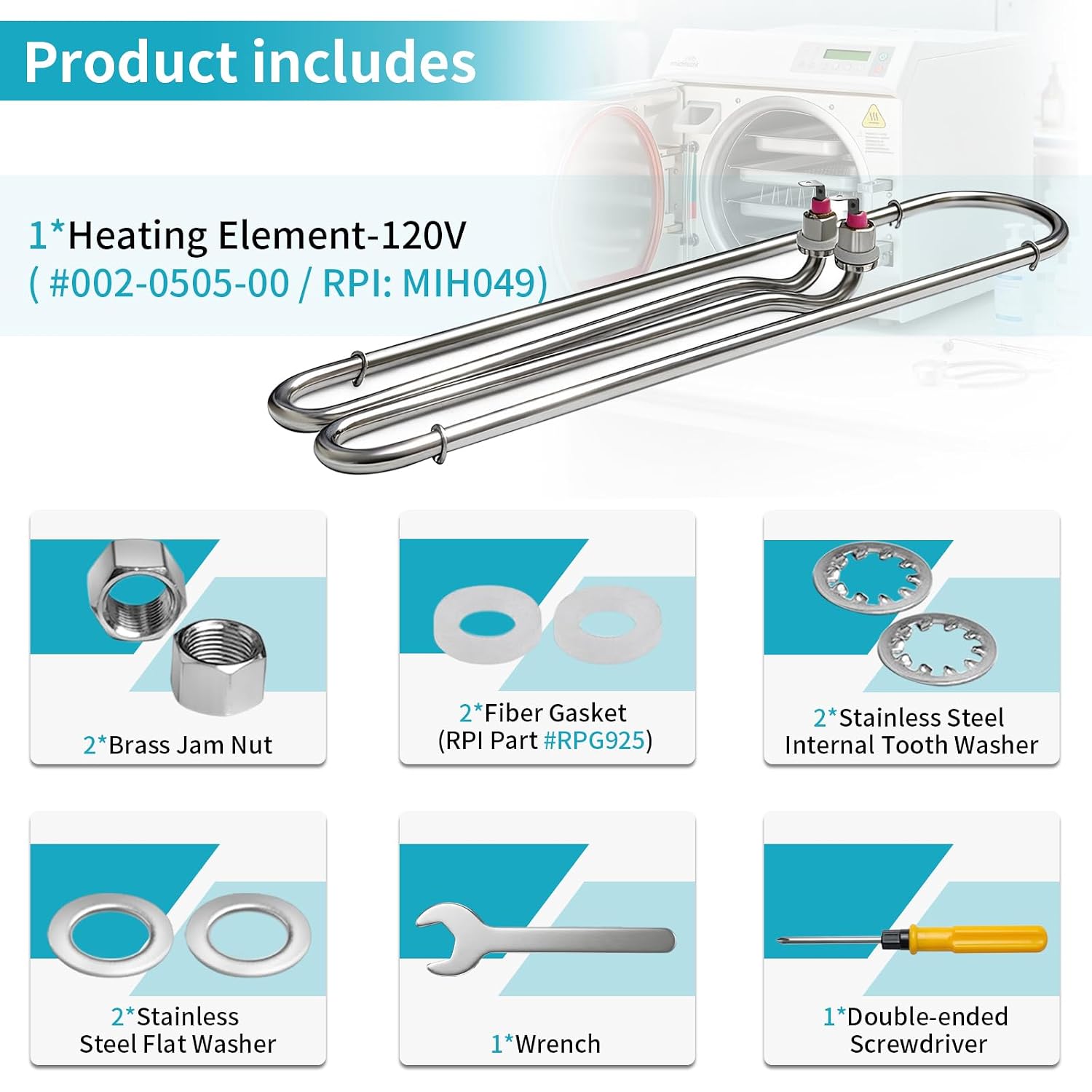 Heating Element for Midmark M11 M11D Steam Replacement-M11 Heating Element Part #002-0505-00 MIH049 120V with Heater Mounting Hardware 002-1350-00 and Wrench + Double-Ended Screwdriver