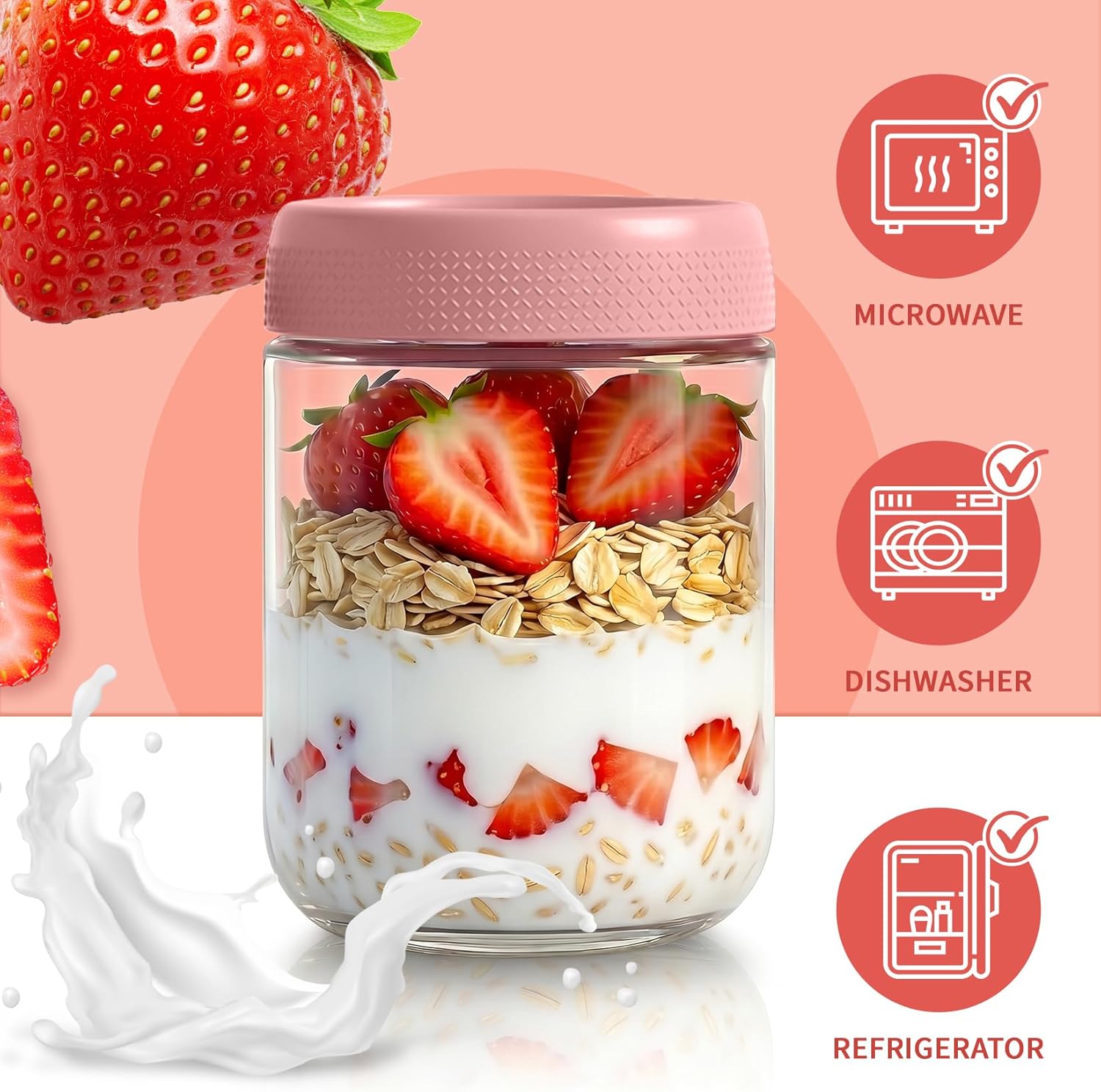 6 Pack Overnight Oats Containers with Lids, 16oz Wide Mouth Mason Jars, Suger Bowls, Glass Food Containers with Airtight Lids for Overnight Oats Jars for Yogurt, Meal Prep, Chia Pudding