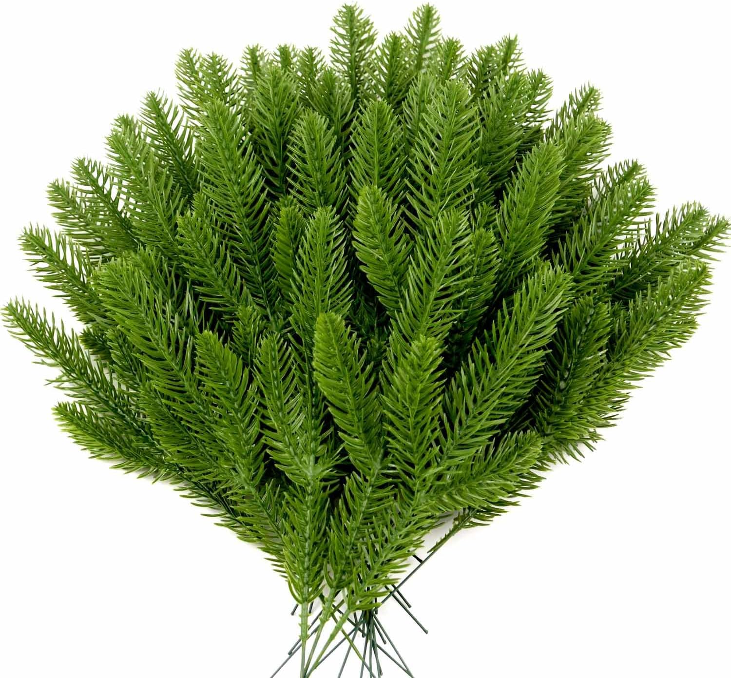 100 Pcs Artificial Pine Branches, Christmas Tree Filler Green Plants, Faux Needle Stems for Garland Wreath Decorating, Evergreen Picks