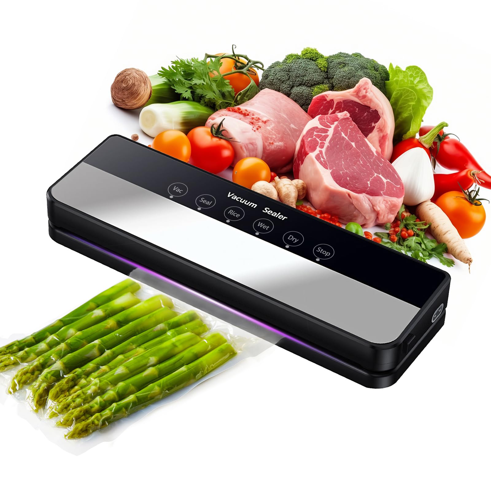 Máquina selladora al vacío,Potente sistema de conservación de alimentos compacto 5 en 1 de precisión de 90 kPa,30 bolsa de vacío, modos seco y húmedo Negro