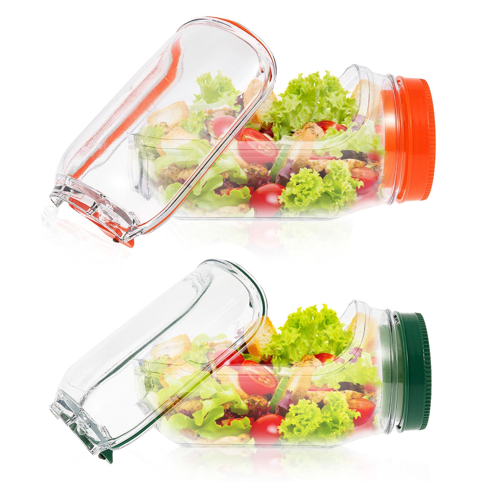 Salad Pod Jar Vertical Layering Salad Pod Portable Salads Container Side Open with Leakproof Lid Meal Prep Jar Dishwasher Safe Vegetable Container for Home Outdoor Travel Camping Party (Green+Orange)