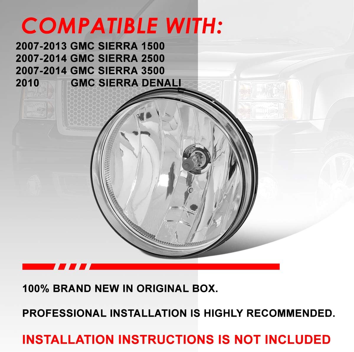 Auto Dynasty Fog Lights Assembly Compatible with 2007-2014 GMC Sierra 1500 2500HD 3500HD, Fog Lamp with Wiring Harness Replacement, Driver Passenger Side, Chrome Housing Clear Lens