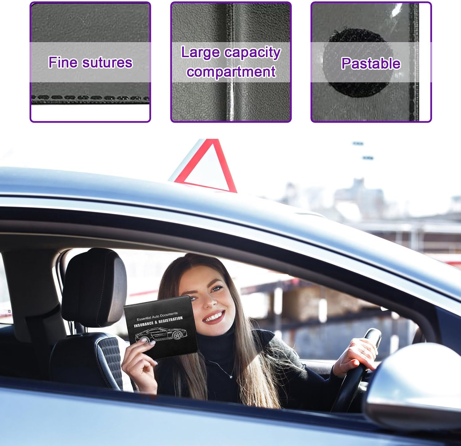 4 PCS Car Registration and Insurance Holder, Vehicle Glove Box Organizers with Closure for License Document, Auto Essential Paperwork Wallet Case Holder, Car Accessories (Black, Car Logo)