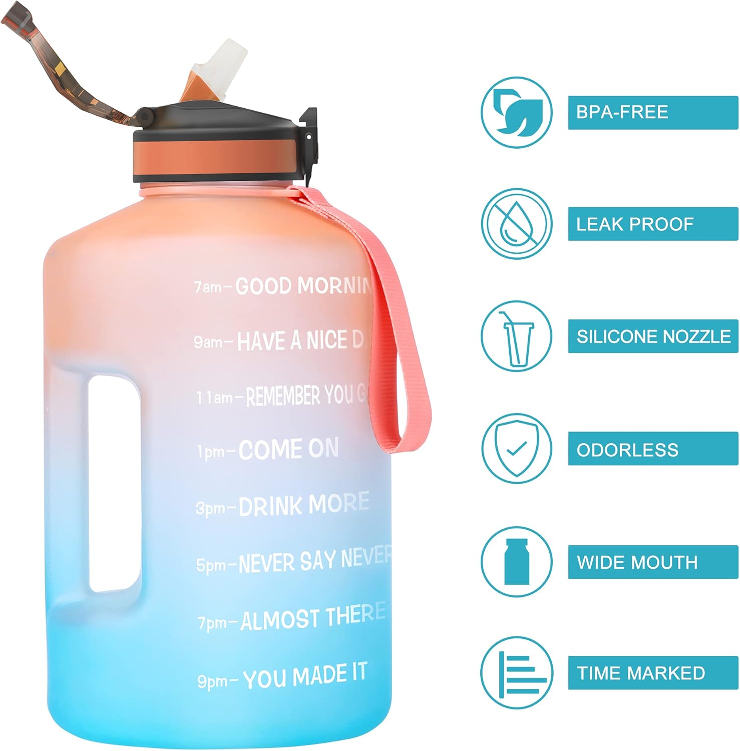 Gallon Water Bottle Jug with Straw BPA Free, 128oz Sport Water Jug with Time Marker and Handle Click Pop Up Drinking Bottles - Image 6