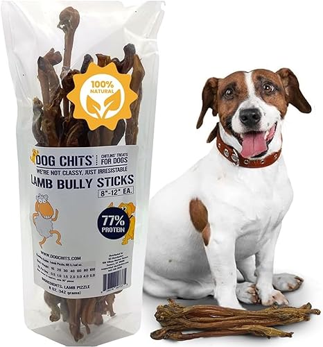 Dog Chits Bully Sticks para perros y cachorros, 100% pizza de cordero, alta en proteínas, baja en grasa, para perros, horneados, más fáciles de