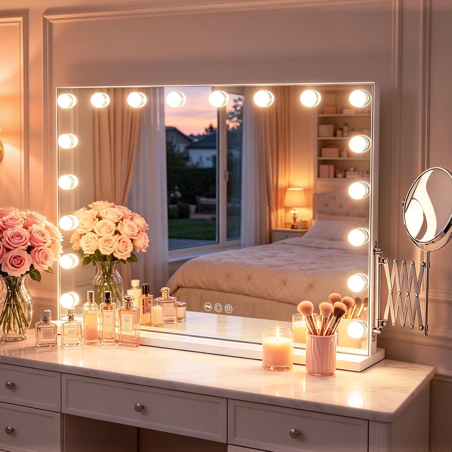FENCHILIN Vanity Mirror with Lights 20 Bulbs 40" * 32" | 20 Dimmable Bulbs, 3 Color Lights, Make Up Lighted Mirror, Aluminum Metal Frame, USB Charging Port