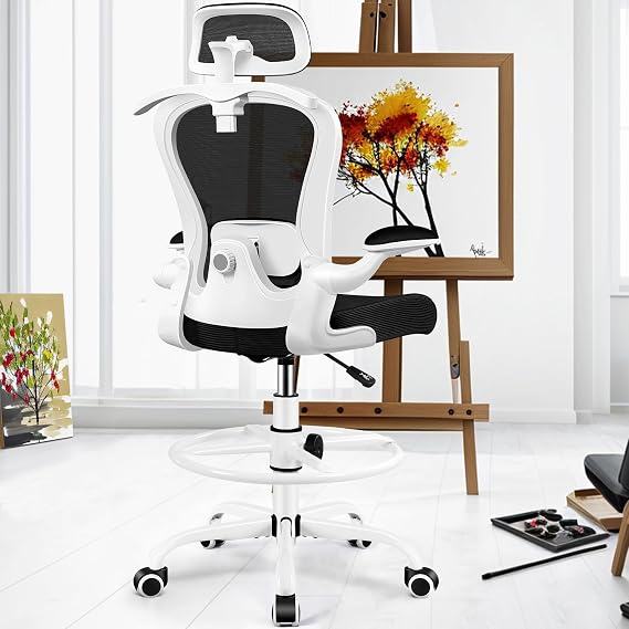 AtHope Drafting Chair, Tall Office Chair with 3D Lumbar & Head Support | Ergonomic Mesh Standing Desk Chair with Footrest Ring, Comfy Extended High Desk Chair with Flip-Up Arms & Hanger, White