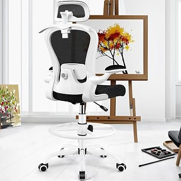 AtHope Drafting Chair, Tall Office Chair with 3D Lumbar & Head Support | Ergonomic Mesh Standing Desk Chair with Footrest Ring, Comfy Extended High Desk Chair with Flip-Up Arms & Hanger, White