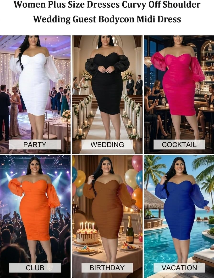 EDITCOZY Women Plus Size Dresses Curvy Off Shoulder Long Sleeve Cocktail Wedding Guest Bodycon Club Midi Dress
